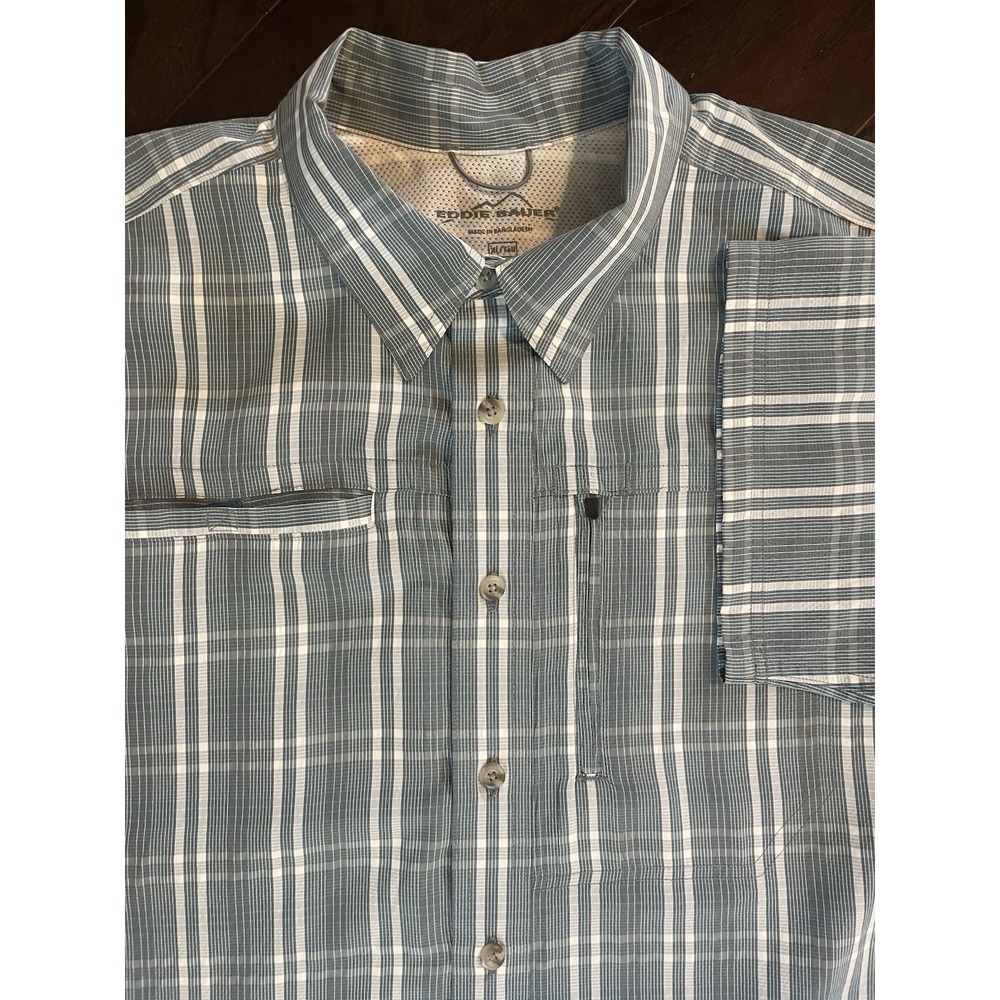 Eddie Bauer Shirt Men XL Tall Blue White Plaid Short Sleeve Hiking Zip Pocket